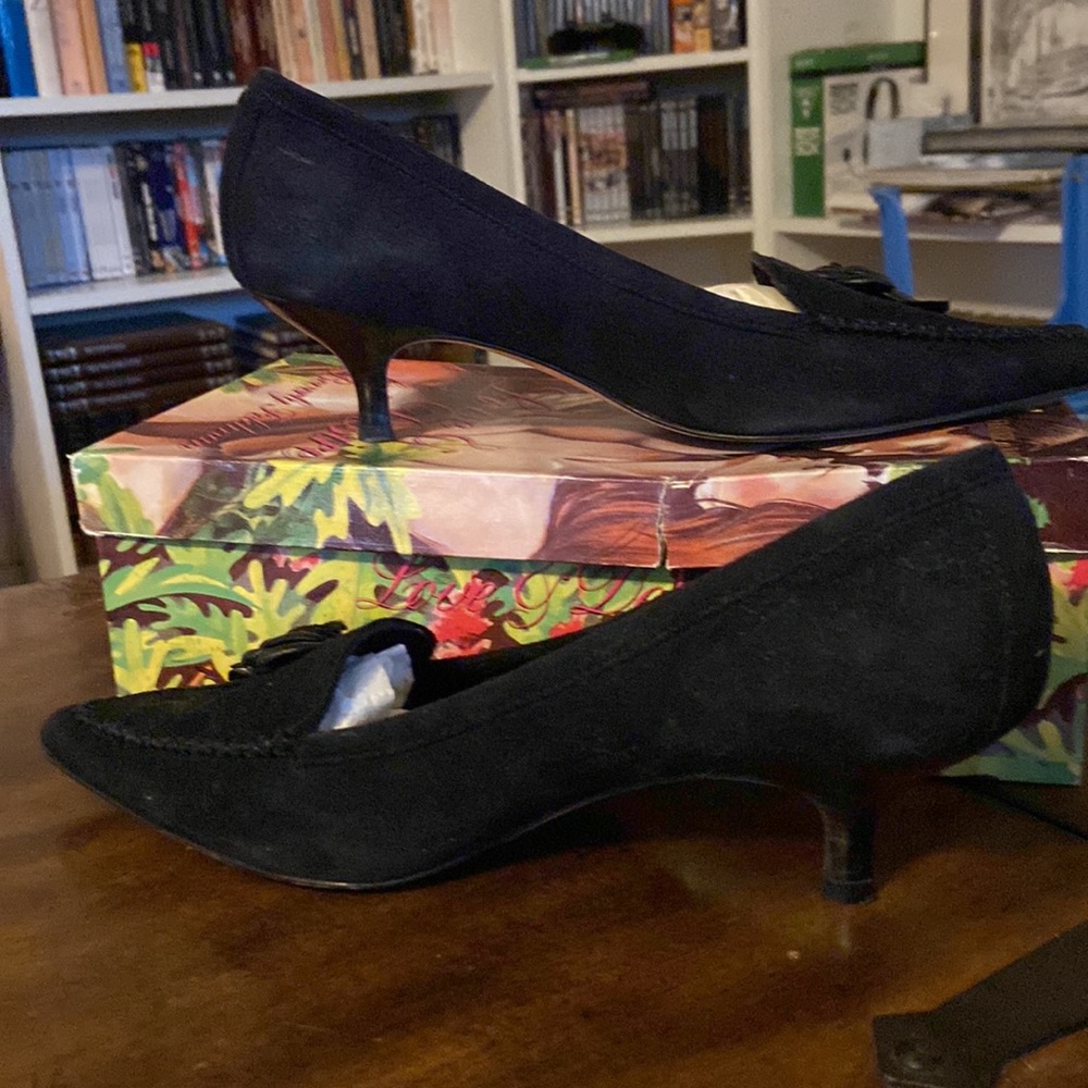 Black suede kitten heels with pointed toes by Beverly Feldman